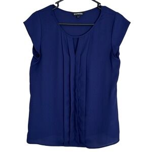 Express Navy Blue Pleated Cap Sleeve Keyhole Round Neck Blouse Women's Size XS‎